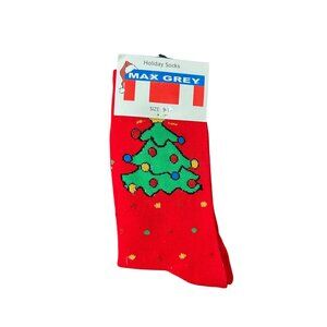 Max Grey Christmas Tree Design Red Acrylic Blend Holiday Socks Size 9-11 Festive